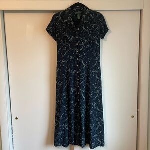 Vintage Navy Silk RL Midi Dress Size 6 FLAWD